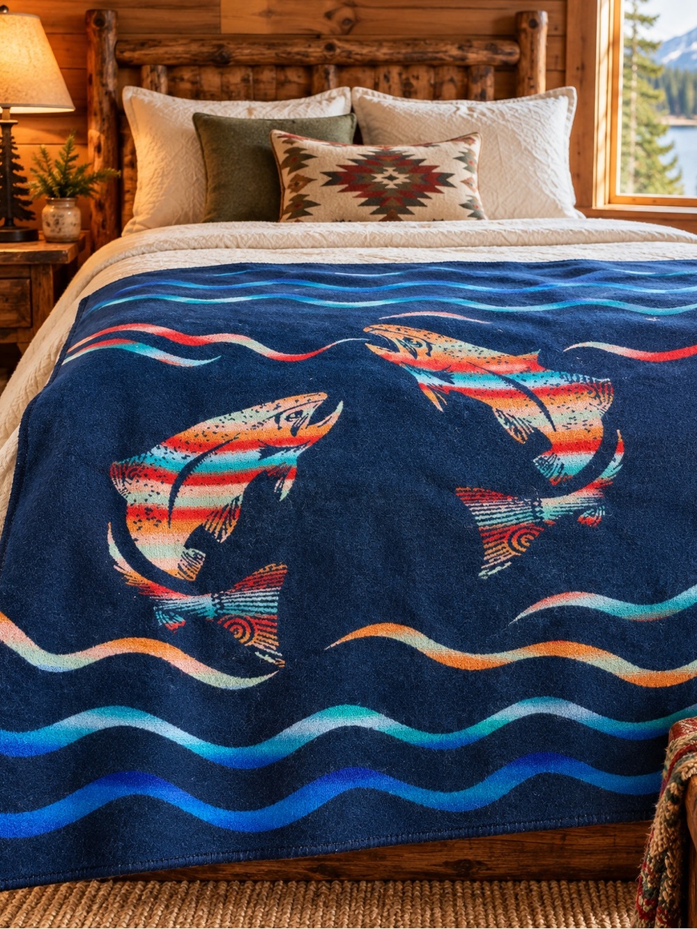 Vintage Pendleton Beaver State Trout Fish Wool Blanket Robe USA